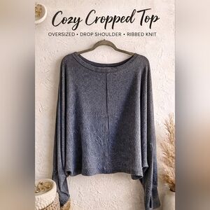 Treasure & Bond Gray Ribbed Drop Shoulder Crop Top Oversized Cozy Chic L
